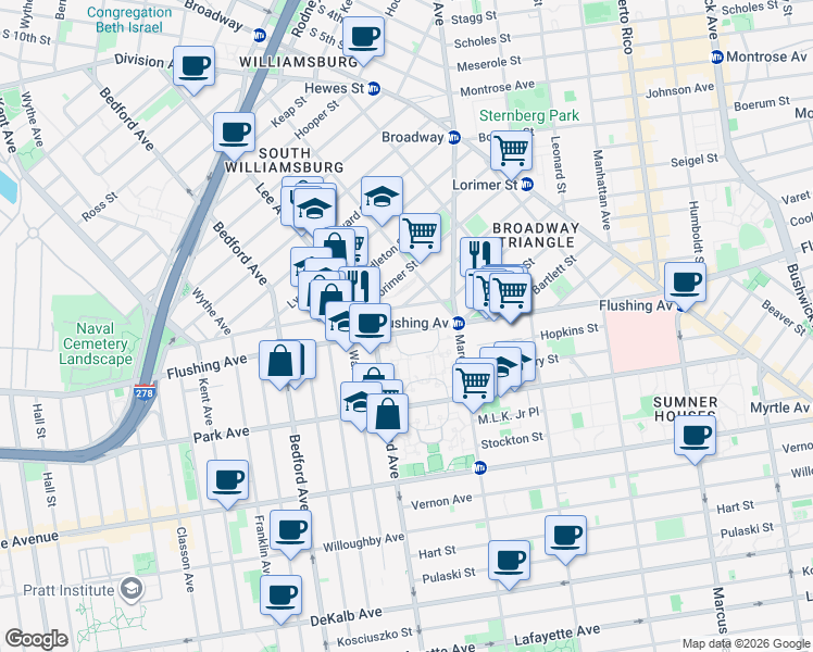 map of restaurants, bars, coffee shops, grocery stores, and more near 579 Flushing Avenue in Brooklyn