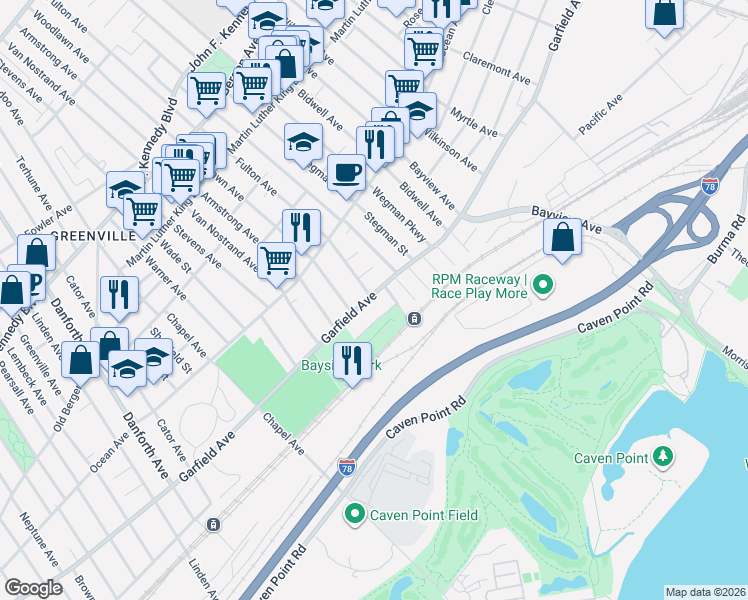 map of restaurants, bars, coffee shops, grocery stores, and more near 538 Garfield Avenue in Jersey City