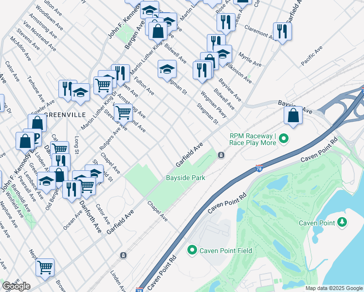 map of restaurants, bars, coffee shops, grocery stores, and more near 13 Woodlawn Avenue in Jersey City