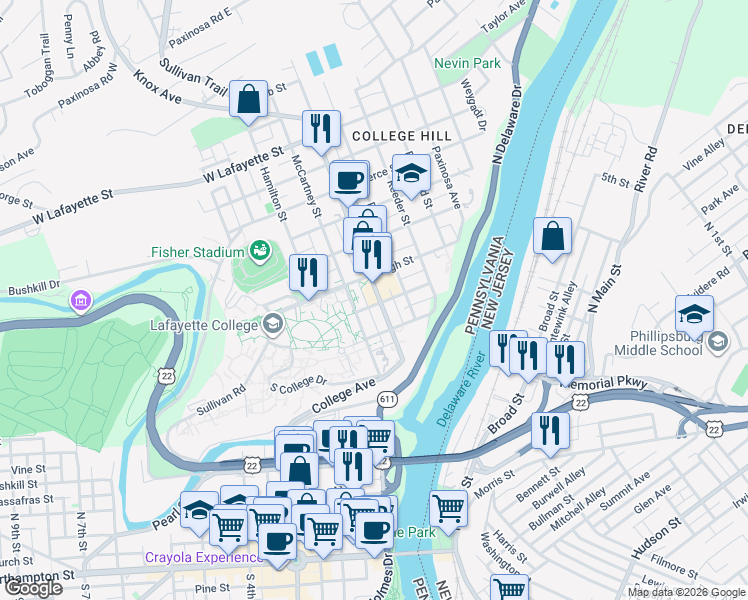 map of restaurants, bars, coffee shops, grocery stores, and more near 512 March Street in Easton