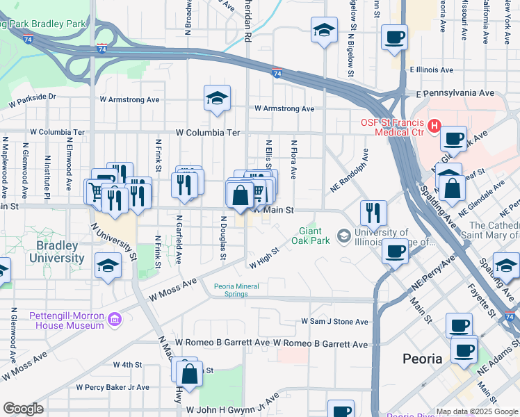 map of restaurants, bars, coffee shops, grocery stores, and more near 610 West Main Street in Peoria