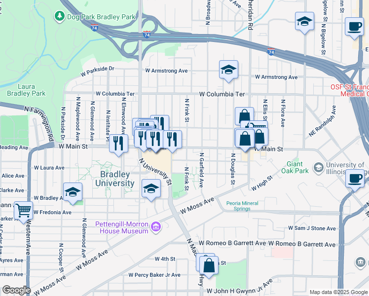map of restaurants, bars, coffee shops, grocery stores, and more near 1018 West Main Street in Peoria