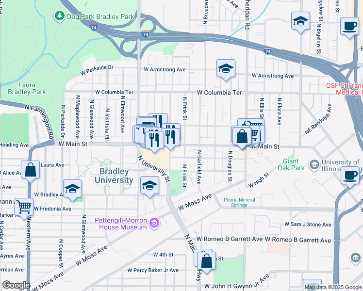 map of restaurants, bars, coffee shops, grocery stores, and more near 1018 West Main Street in Peoria