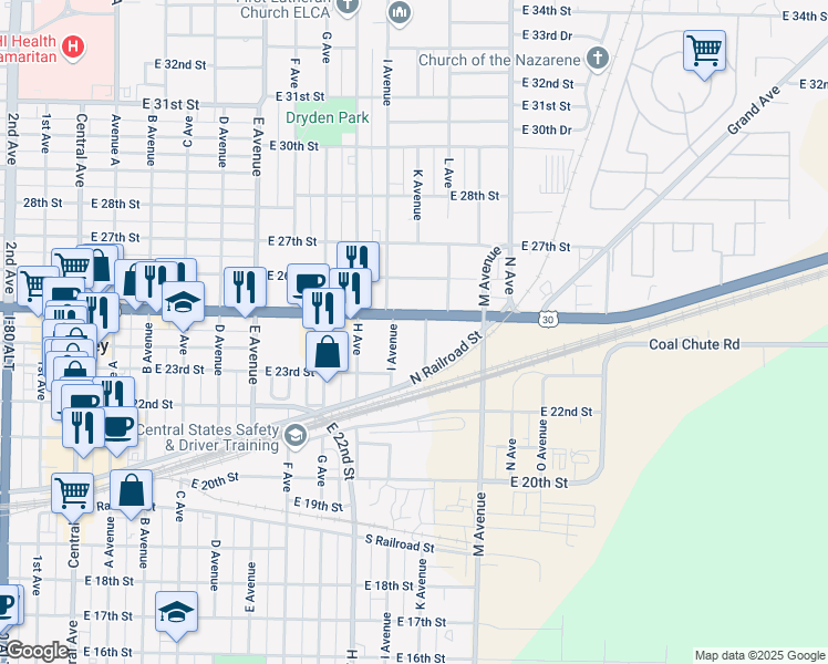 map of restaurants, bars, coffee shops, grocery stores, and more near 2301-2499 Ave I in Kearney