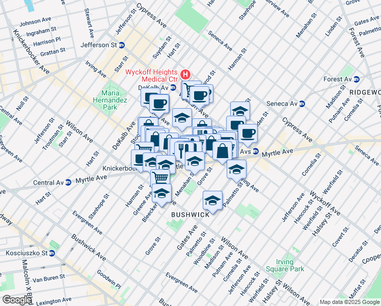 map of restaurants, bars, coffee shops, grocery stores, and more near 275 Bleecker Street in Brooklyn
