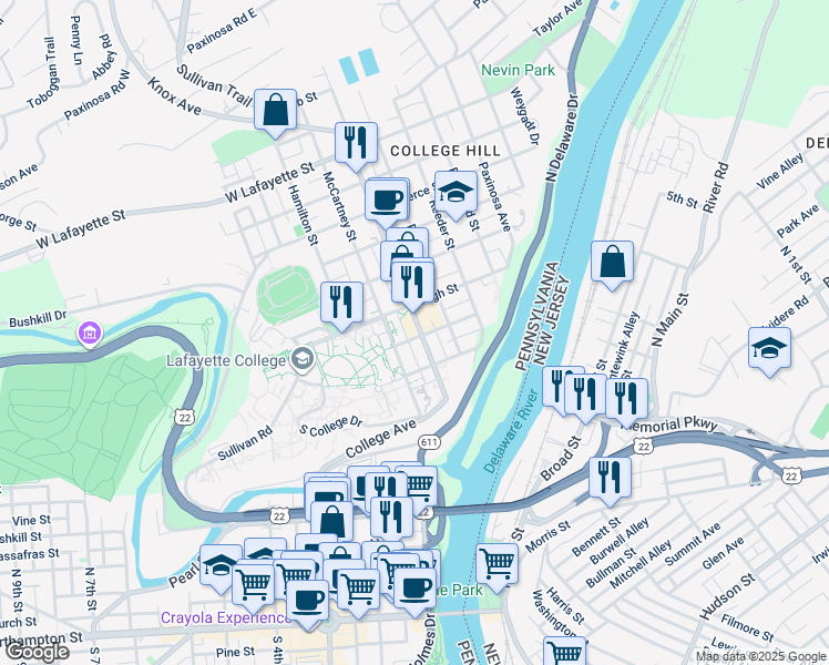 map of restaurants, bars, coffee shops, grocery stores, and more near 512 March Street in Easton