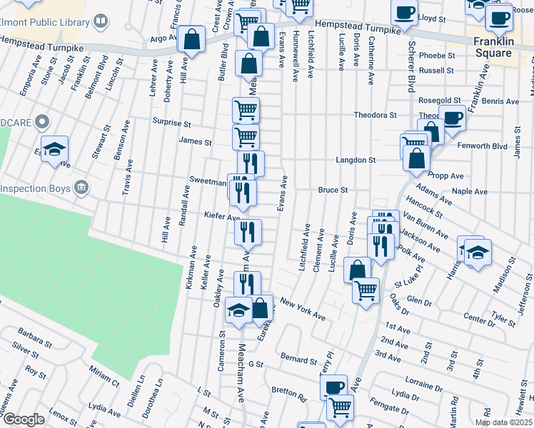 map of restaurants, bars, coffee shops, grocery stores, and more near 316 Evans Avenue in Elmont