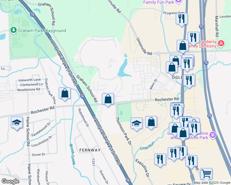 map of restaurants, bars, coffee shops, grocery stores, and more near 1425 Oxford Court in Cranberry Township