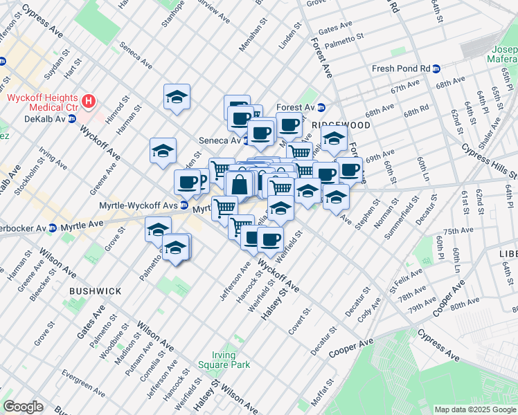 map of restaurants, bars, coffee shops, grocery stores, and more near in Queens