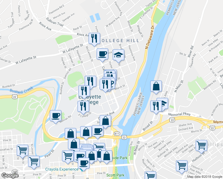 map of restaurants, bars, coffee shops, grocery stores, and more near 204 Cattell Street in Easton