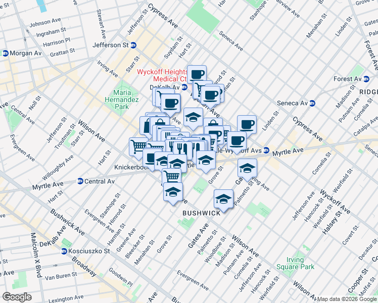 map of restaurants, bars, coffee shops, grocery stores, and more near 1347 Greene Avenue in Brooklyn