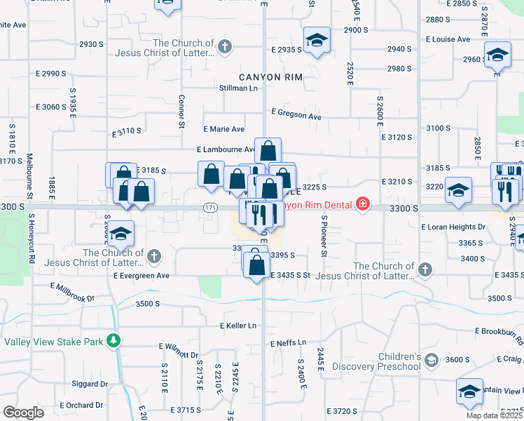 map of restaurants, bars, coffee shops, grocery stores, and more near 3304 South 2300 East in Salt Lake City