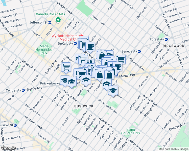 map of restaurants, bars, coffee shops, grocery stores, and more near 285 Irving Avenue in Brooklyn