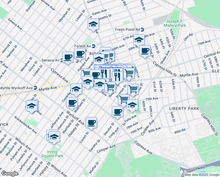 map of restaurants, bars, coffee shops, grocery stores, and more near 18-23 Stephen Street in Queens