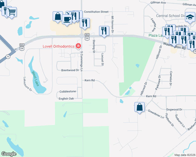 map of restaurants, bars, coffee shops, grocery stores, and more near 1823 Kern Road in Washington