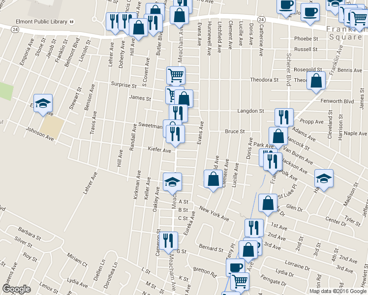 map of restaurants, bars, coffee shops, grocery stores, and more near 311 Meacham Avenue in Elmont
