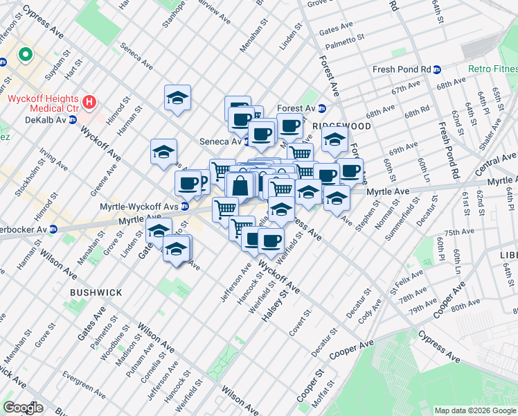 map of restaurants, bars, coffee shops, grocery stores, and more near in Queens