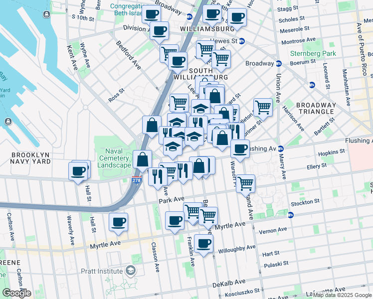 map of restaurants, bars, coffee shops, grocery stores, and more near 712 Bedford Avenue in Brooklyn