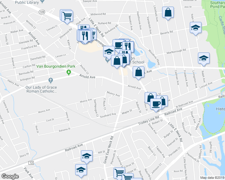 map of restaurants, bars, coffee shops, grocery stores, and more near 31 Muncy Street in West Babylon