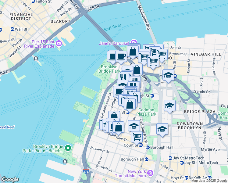 map of restaurants, bars, coffee shops, grocery stores, and more near 97 Columbia Heights in Brooklyn