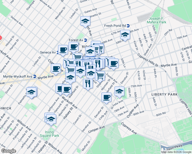 map of restaurants, bars, coffee shops, grocery stores, and more near 979 Seneca Avenue in Queens