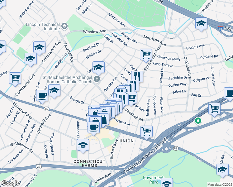 map of restaurants, bars, coffee shops, grocery stores, and more near 1219 Plane Street in Union