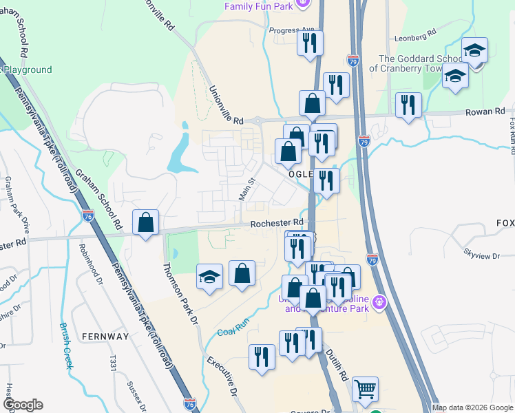 map of restaurants, bars, coffee shops, grocery stores, and more near 2530 Rochester Road in Cranberry Township