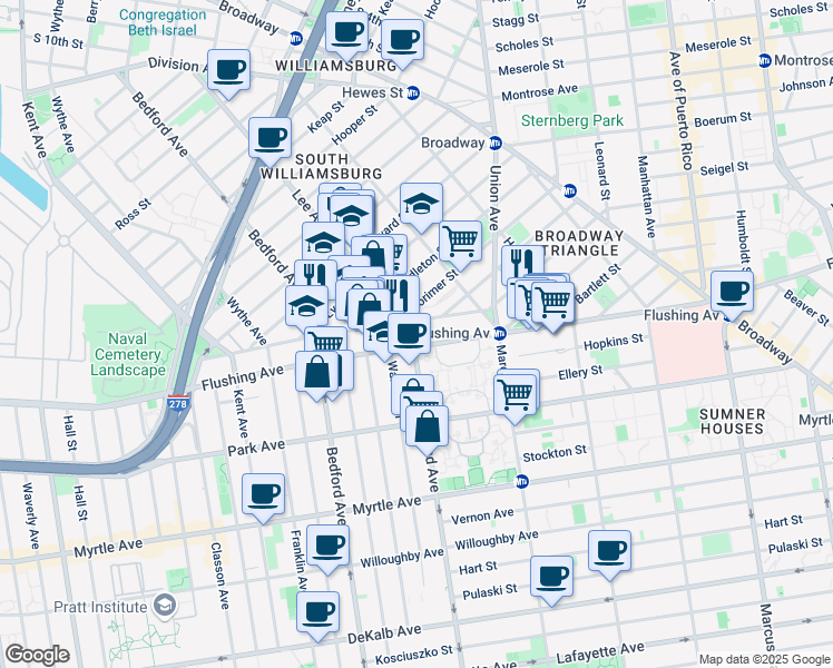 map of restaurants, bars, coffee shops, grocery stores, and more near 547 Flushing Avenue in Brooklyn