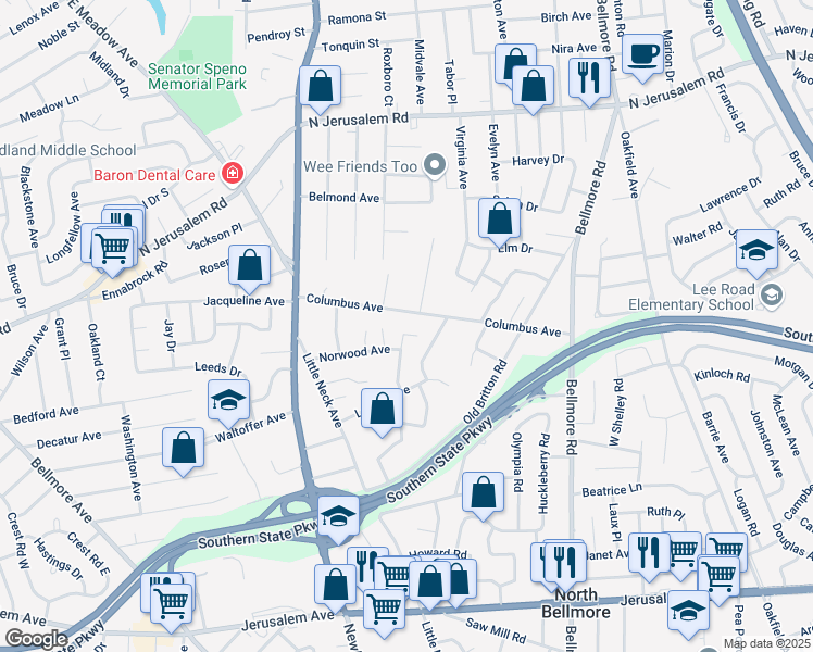 map of restaurants, bars, coffee shops, grocery stores, and more near 936 Siems Court in North Bellmore