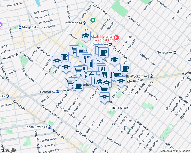 map of restaurants, bars, coffee shops, grocery stores, and more near 180 Stanhope Street in Brooklyn