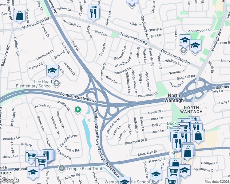 map of restaurants, bars, coffee shops, grocery stores, and more near 194 Willowood Drive in Wantagh