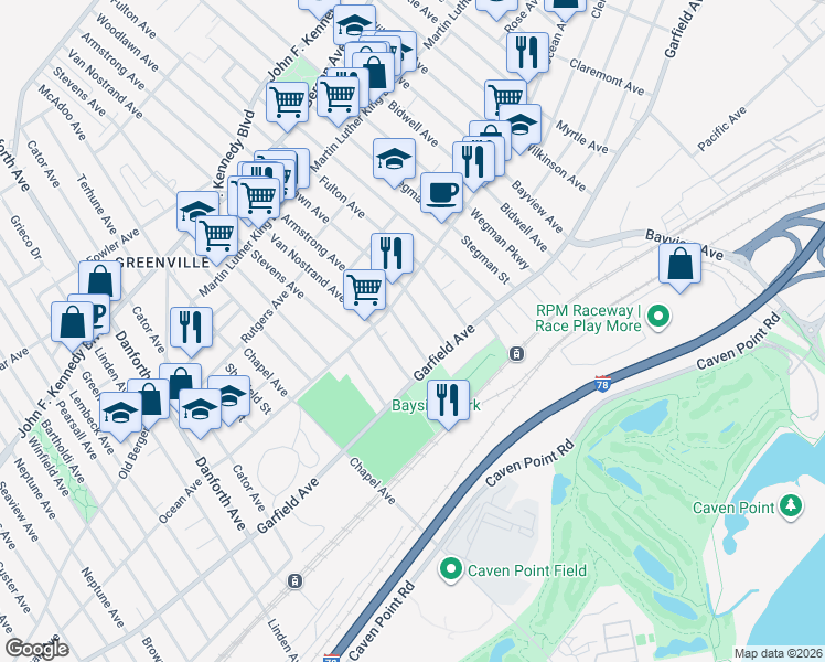 map of restaurants, bars, coffee shops, grocery stores, and more near 13 Woodlawn Avenue in Jersey City