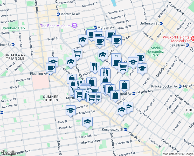 map of restaurants, bars, coffee shops, grocery stores, and more near 107 Melrose Street in Brooklyn