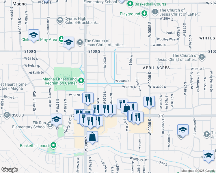map of restaurants, bars, coffee shops, grocery stores, and more near 3315 South 8280 West in Magna