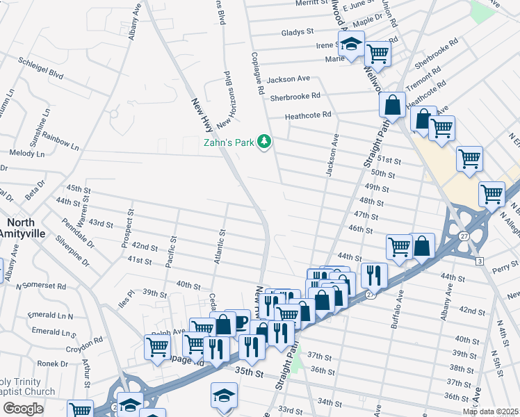 map of restaurants, bars, coffee shops, grocery stores, and more near 465 New Highway in Copiague