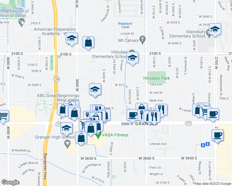 map of restaurants, bars, coffee shops, grocery stores, and more near 3359 West Rose Hollow Lane in West Valley City