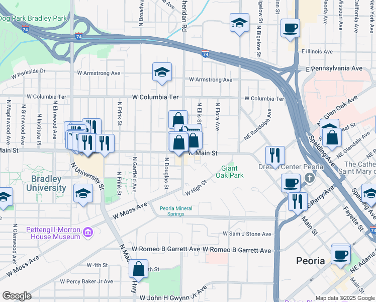 map of restaurants, bars, coffee shops, grocery stores, and more near 610 West Main Street in Peoria