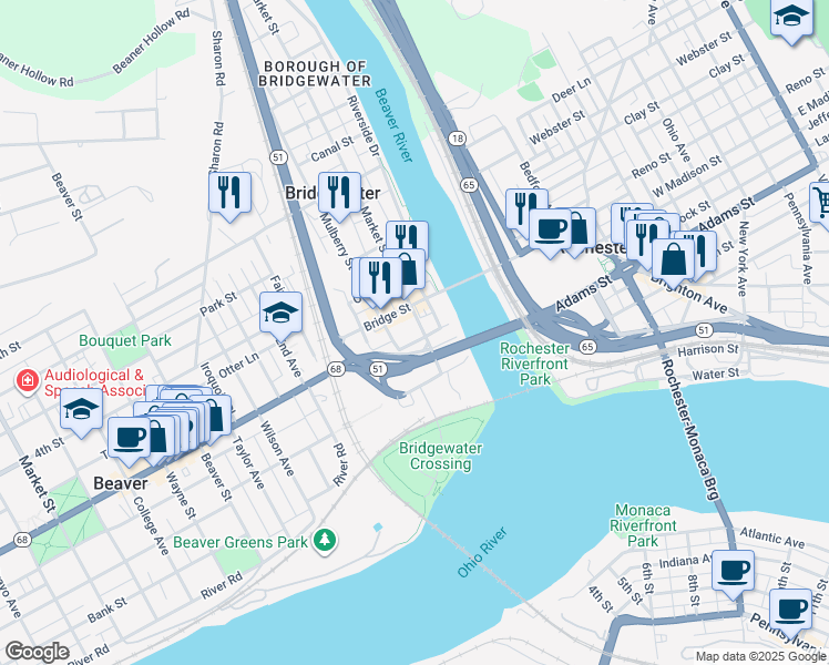 map of restaurants, bars, coffee shops, grocery stores, and more near 401 Market Street in Beaver