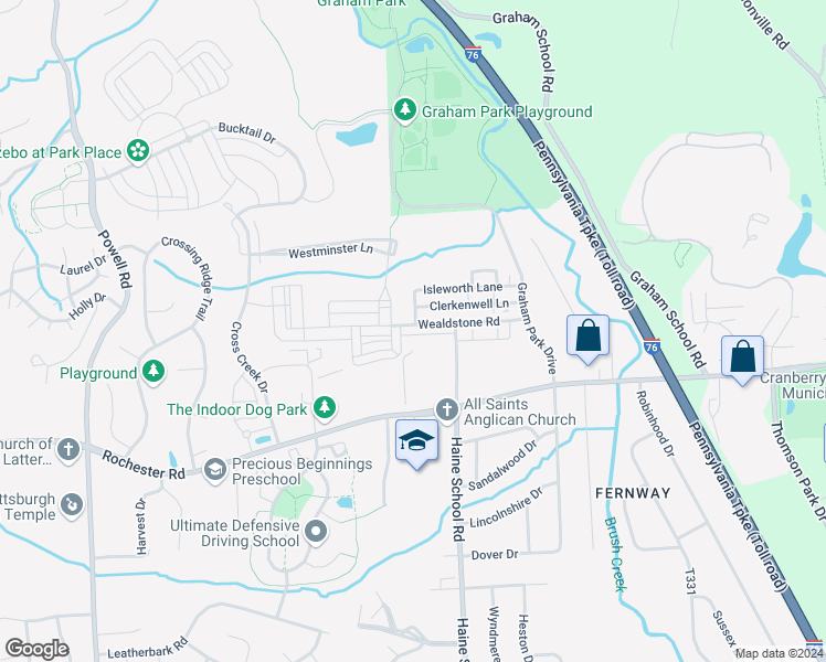 map of restaurants, bars, coffee shops, grocery stores, and more near 327 Wealdstone Road in Cranberry Township