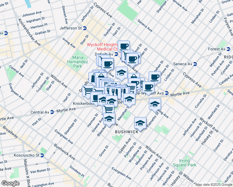 map of restaurants, bars, coffee shops, grocery stores, and more near 1333 Greene Avenue in Brooklyn