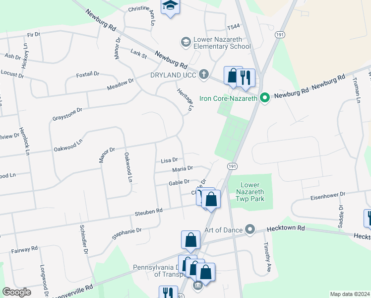 map of restaurants, bars, coffee shops, grocery stores, and more near 4442 Hilltop Circle in Bethlehem