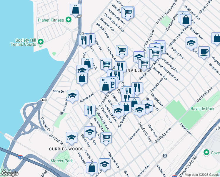 map of restaurants, bars, coffee shops, grocery stores, and more near 1707 John F. Kennedy Boulevard in North Bergen