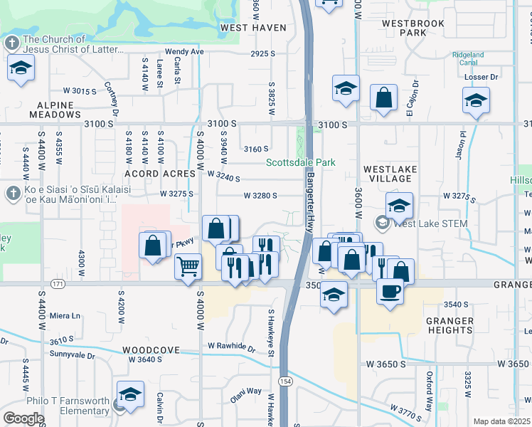 map of restaurants, bars, coffee shops, grocery stores, and more near 3836 Rockwood Way in West Valley City