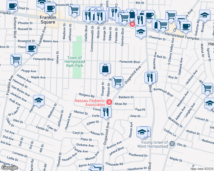 map of restaurants, bars, coffee shops, grocery stores, and more near 297 Ribbon Street in Franklin Square