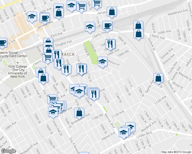 map of restaurants, bars, coffee shops, grocery stores, and more near 172-6 108th Avenue in Queens