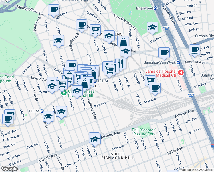 map of restaurants, bars, coffee shops, grocery stores, and more near 87-34 123rd Street in Queens