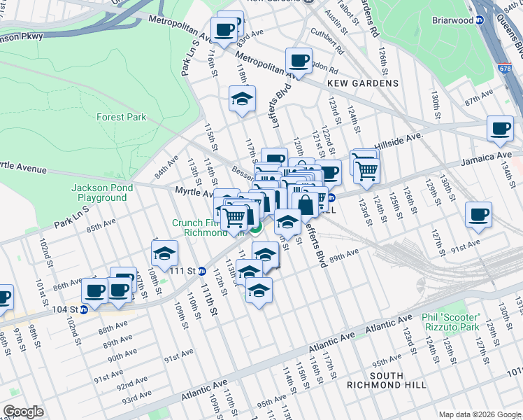 map of restaurants, bars, coffee shops, grocery stores, and more near 116-15 Jamaica Avenue in Queens