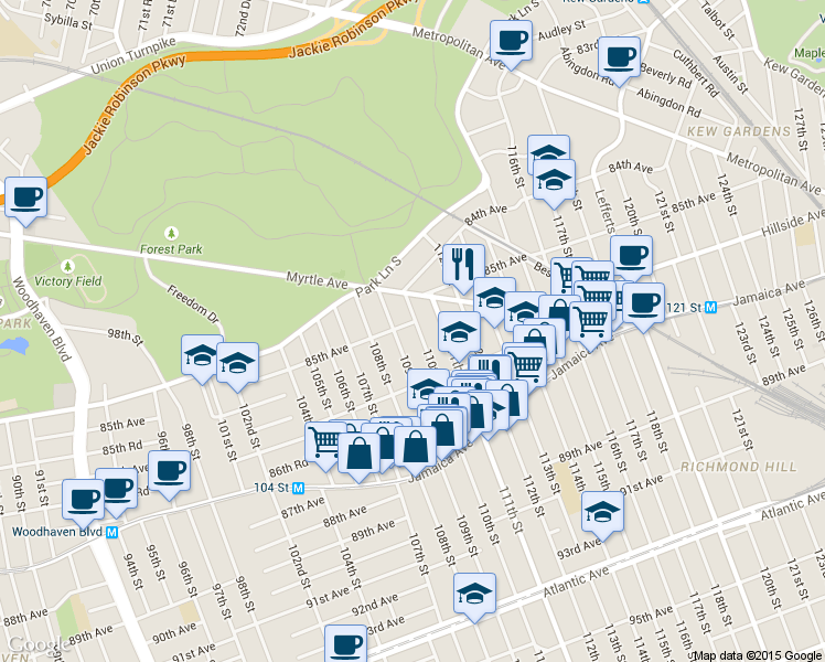map of restaurants, bars, coffee shops, grocery stores, and more near 85-12 109th Street in Queens