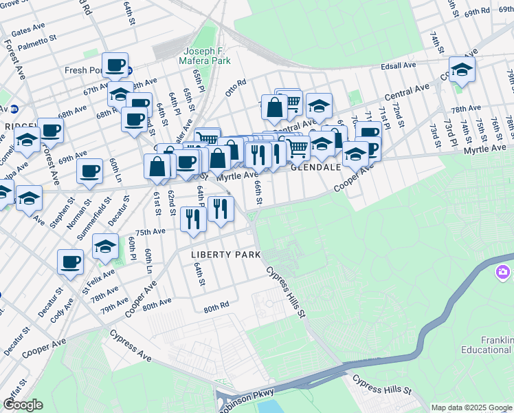 map of restaurants, bars, coffee shops, grocery stores, and more near 48 Cypress Hills Street in Queens