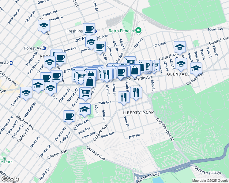 map of restaurants, bars, coffee shops, grocery stores, and more near 74-21 62nd Street in Queens